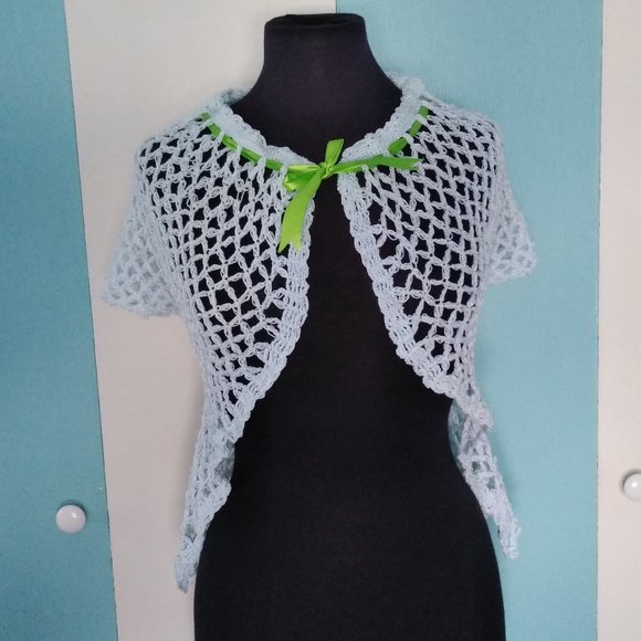 Handmade Crochet Baby Blue Vest w/ Green Ribbon - Picture 2 of 8